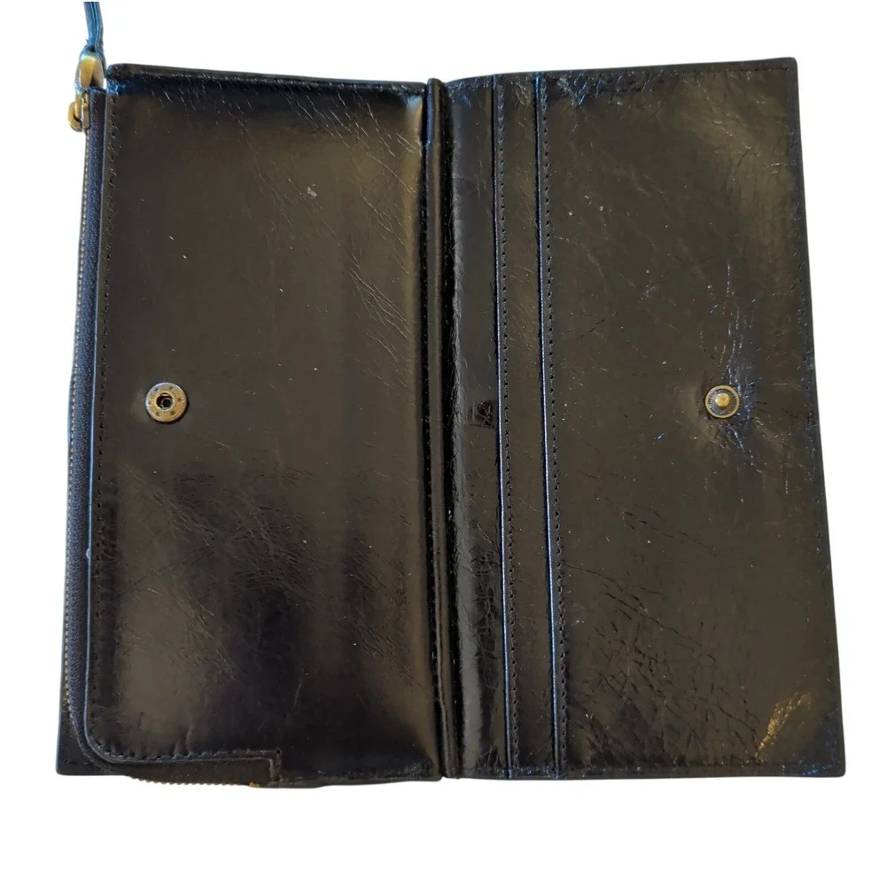 Hobo Leather Bifold Snap Closure Wallet W/ Tassel And Zipper Coin Slot Black EUC